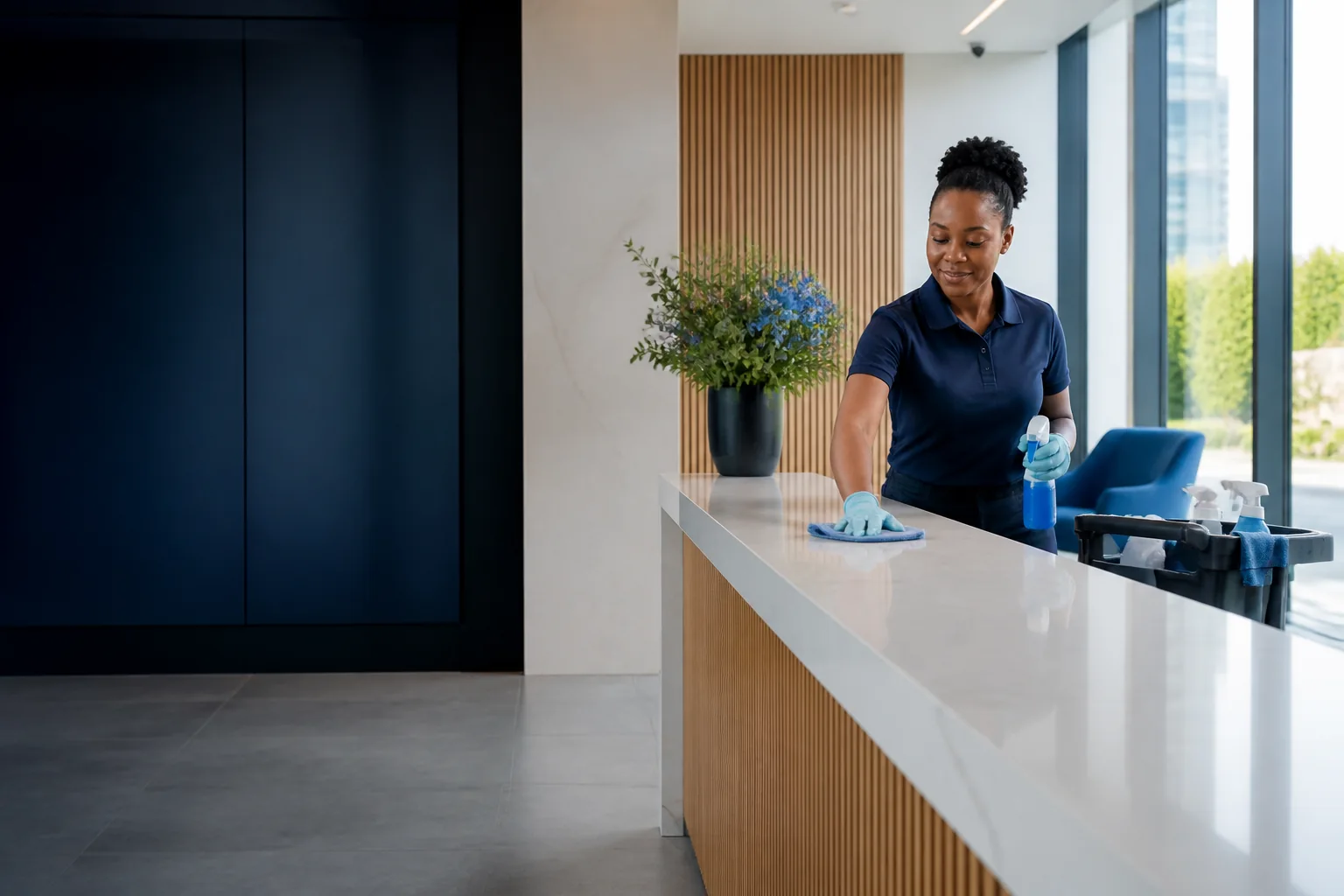 Professional cleaner working carefully in a modern office